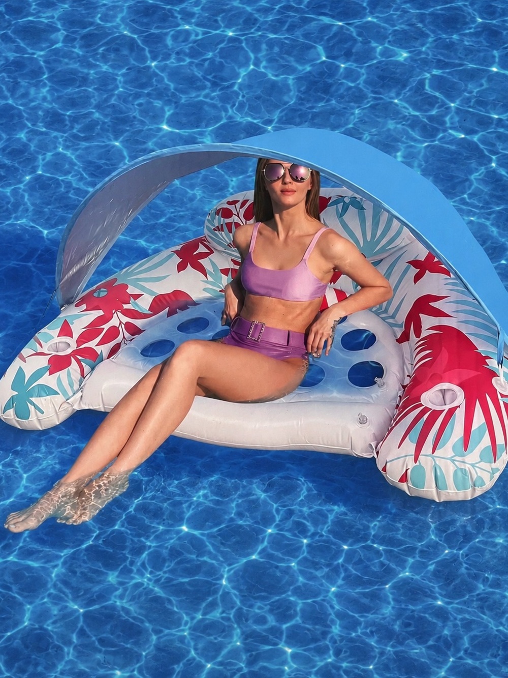 Inflatable Pool Lounger with Canopy in White & Multicolor
